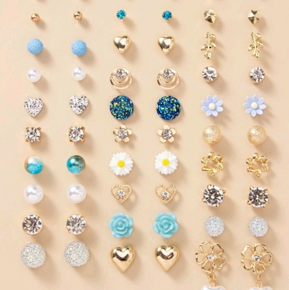 30 pairfaux rhinestone pearl decor stud earrings